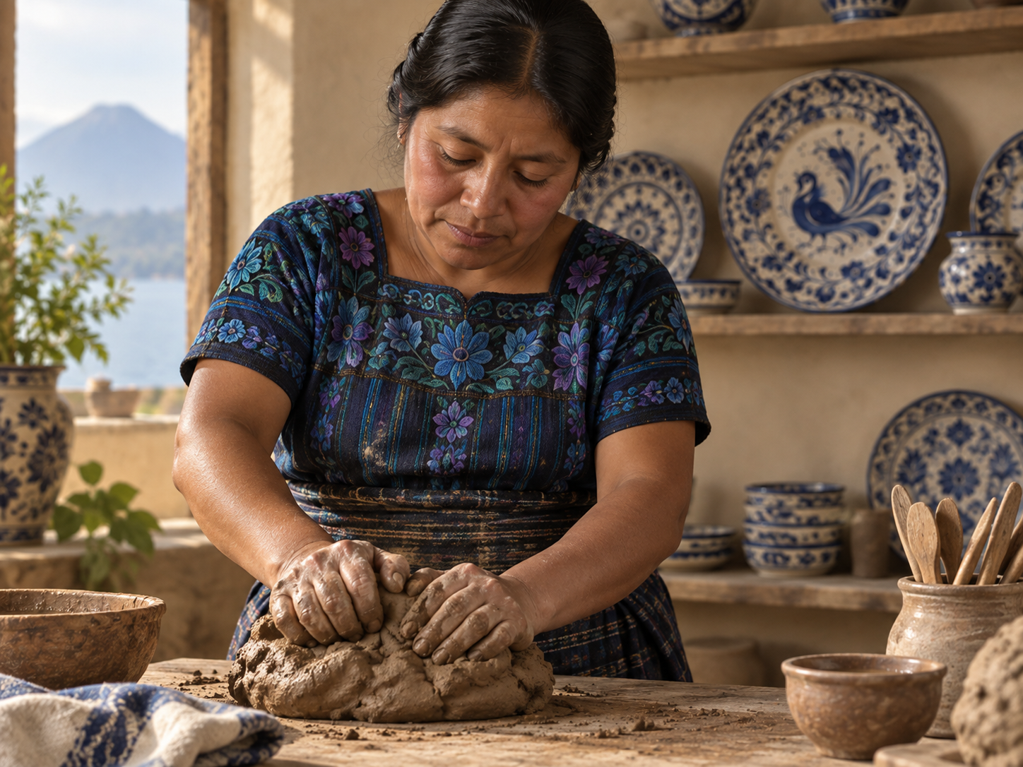 Artesana guatemalteca de San Antonio Palopó preparando barro para cerámica