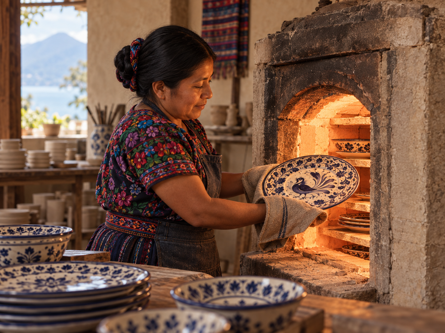 Artesana guatemalteca de San Antonio Palopó horneando piezas de cerámica