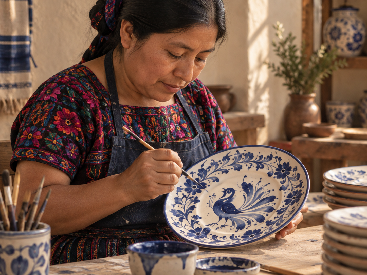 Artesana guatemalteca de San Antonio Palopó pintando un plato de cerámica