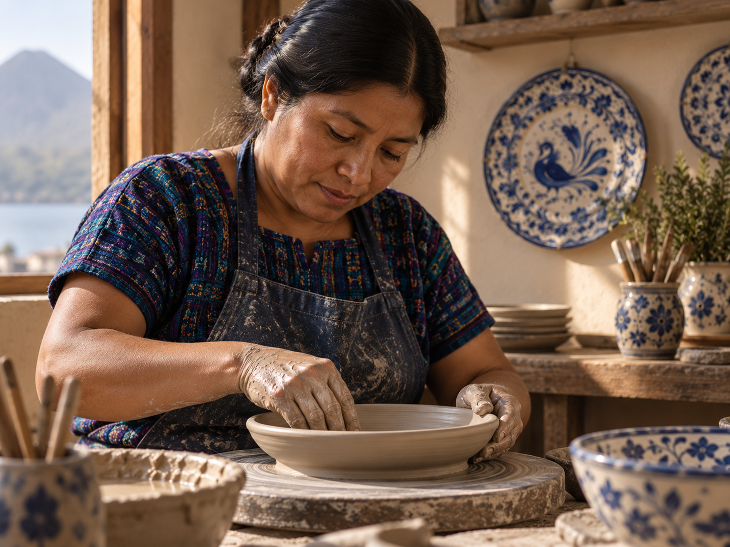 Artesana guatemalteca de San Antonio Palopó moldeando una pieza de cerámica