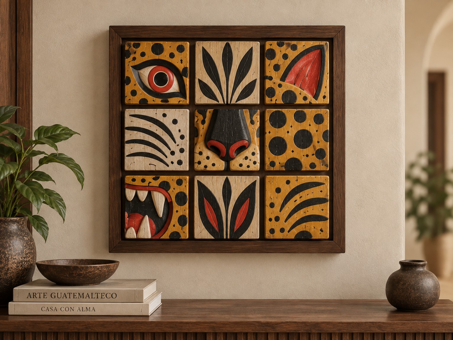 Cuadro máscara Qubal con composición de nueve bloques inspirados en jaguar