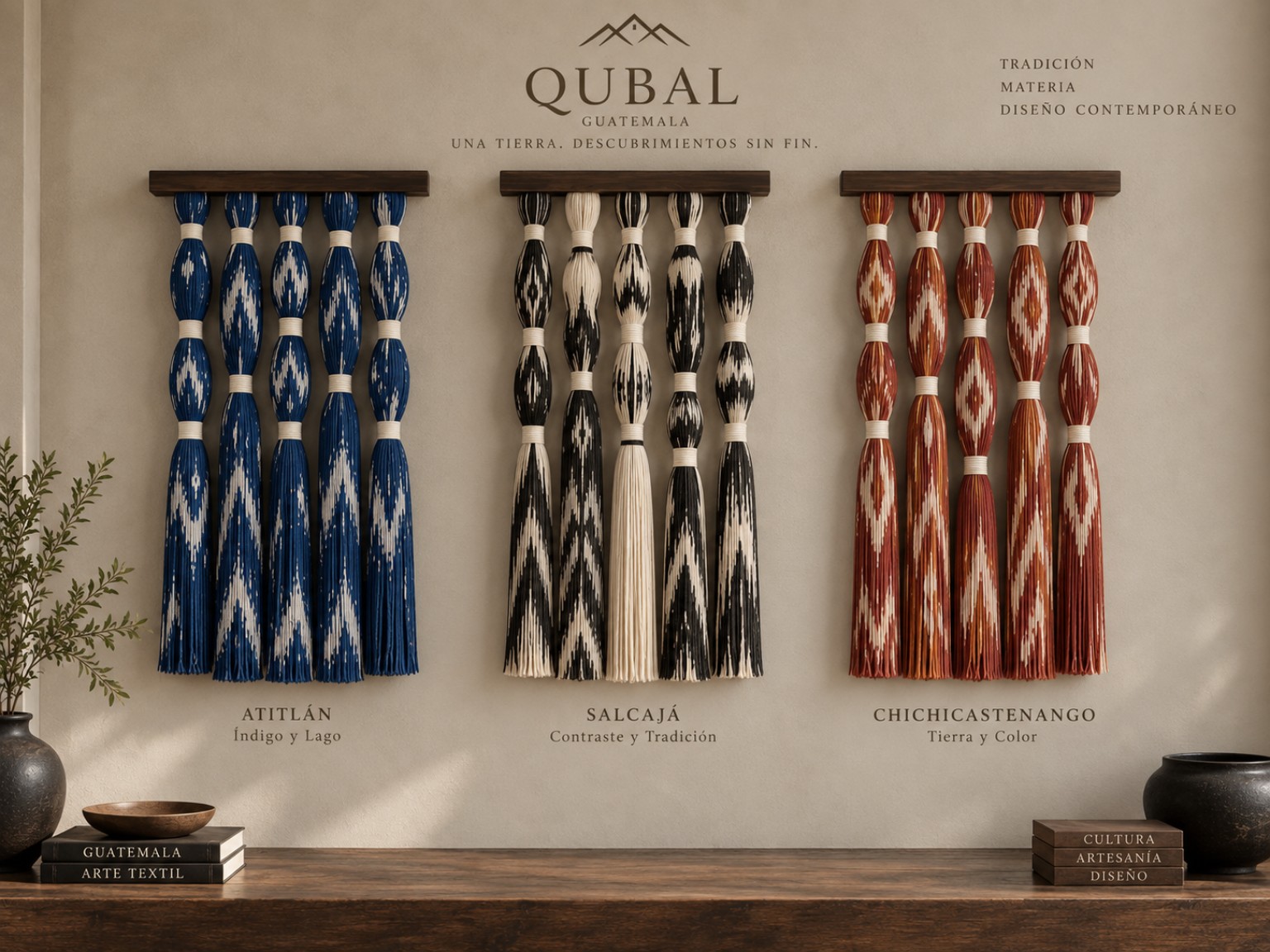 Arte de hilo en pared Qubal con tres patrones textiles colgantes